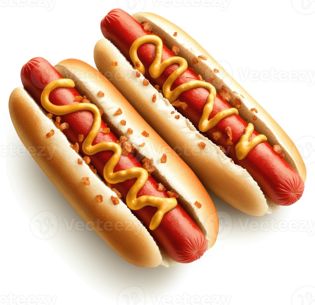 Two delicious hot dogs with mustard and bacon bits. png