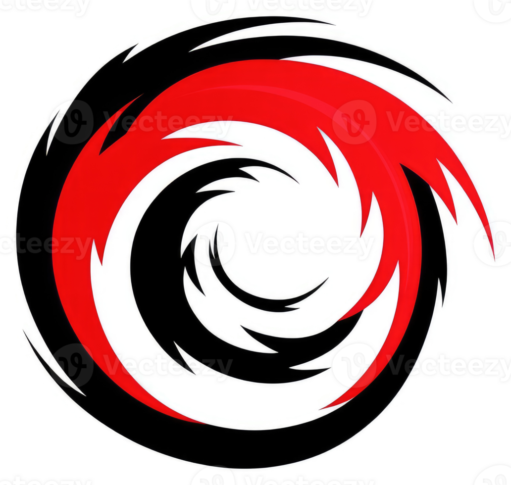A vibrant circular design featuring swirling red and black patterns. png