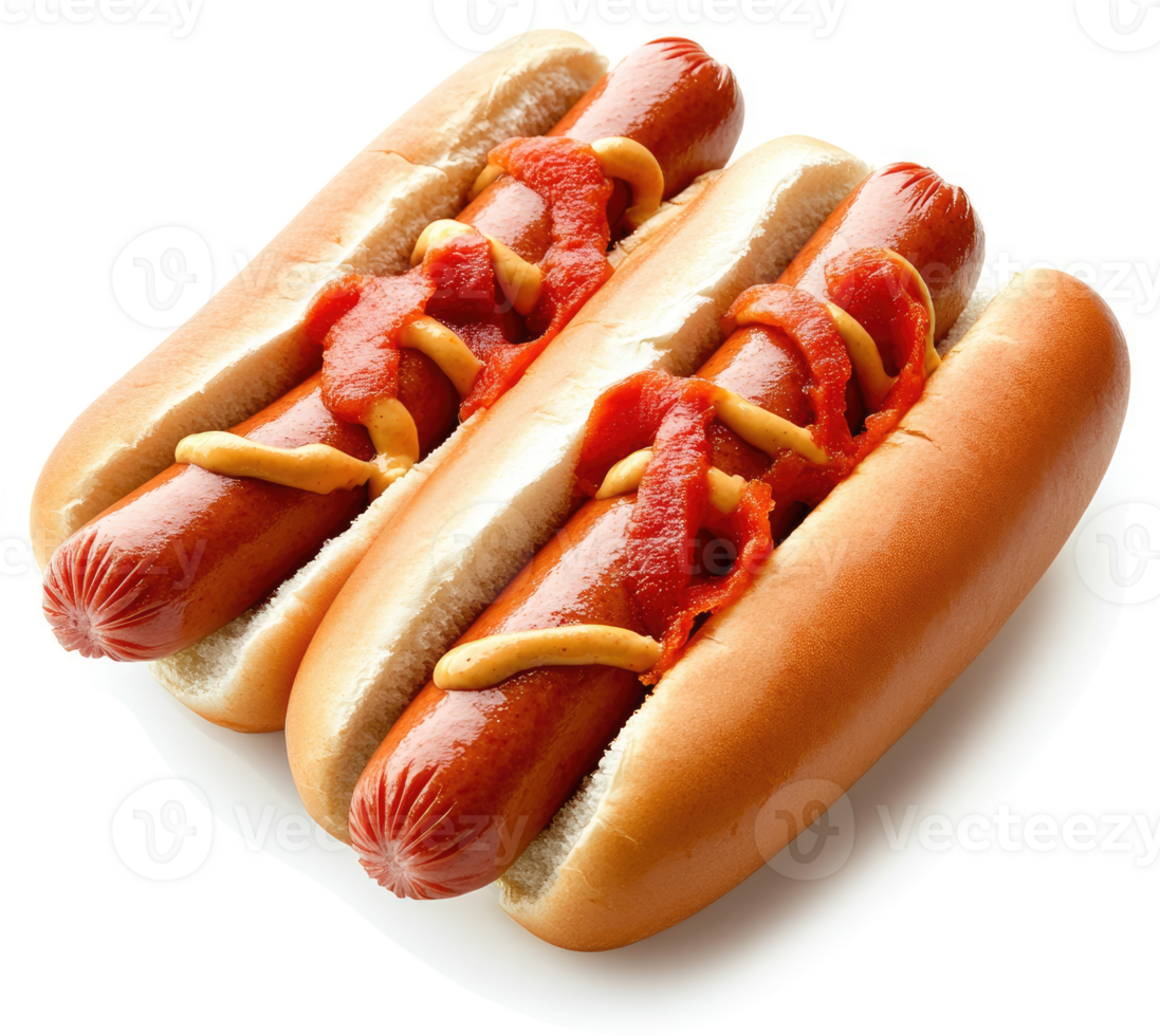 Two hot dogs on buns topped with ketchup and mustard. png