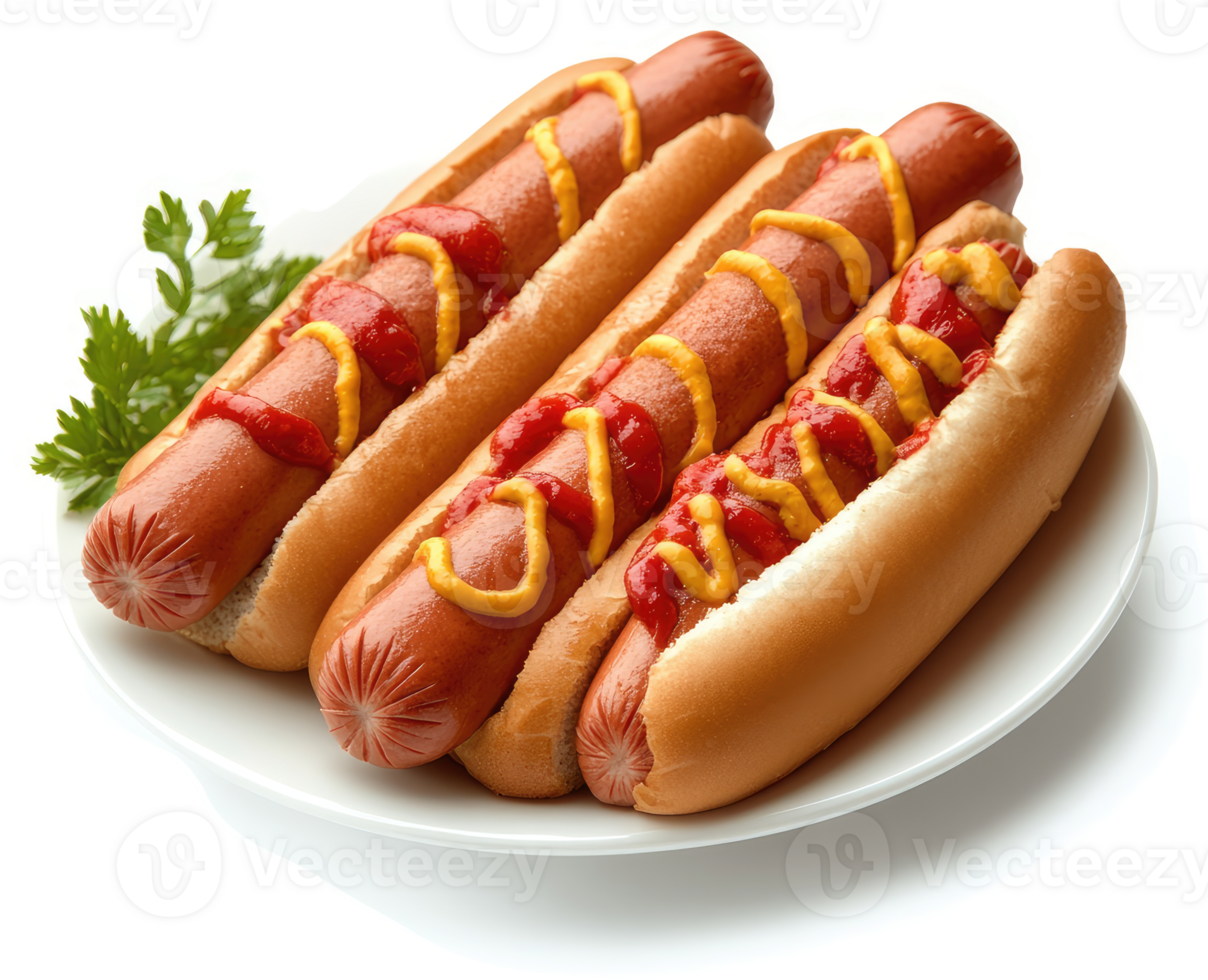 Three hot dogs on a plate, topped with ketchup and mustard. png