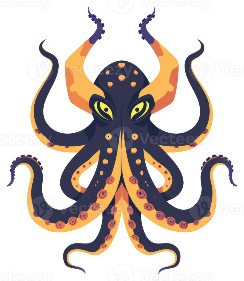 A vibrant illustration of a stylized octopus with orange accents. png