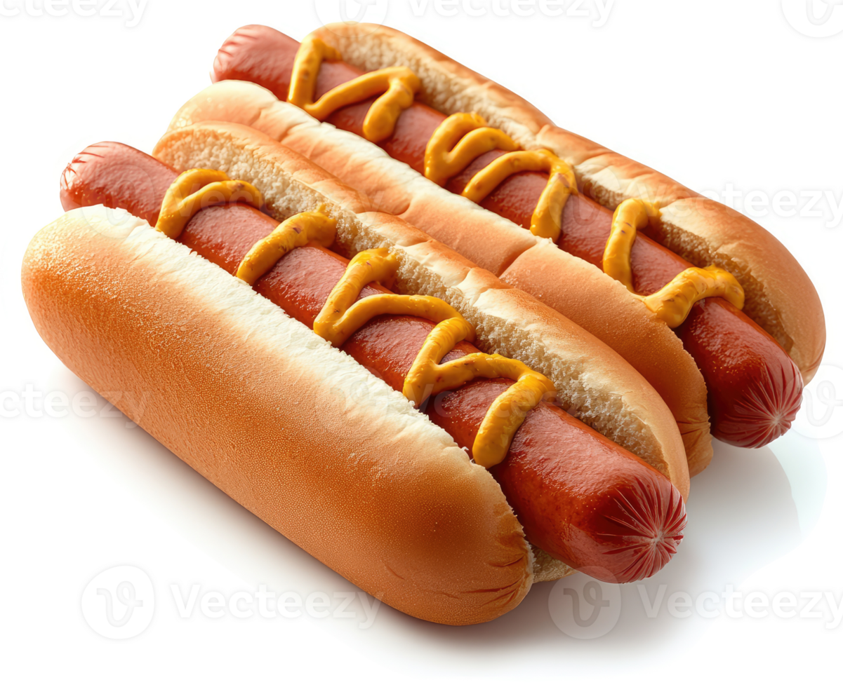 Three hot dogs in buns topped with yellow mustard. png