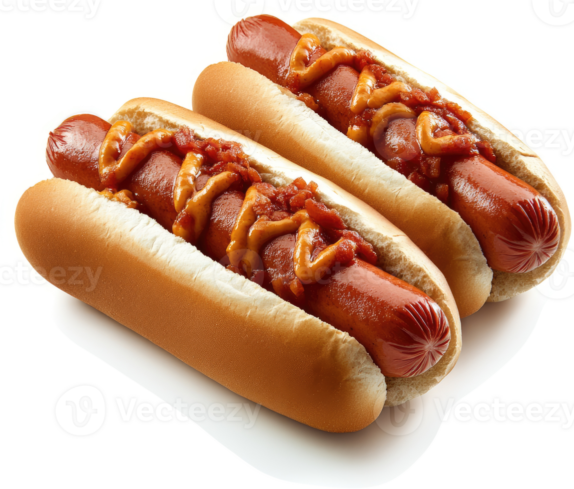 Two hot dogs in buns topped with mustard and chili. png