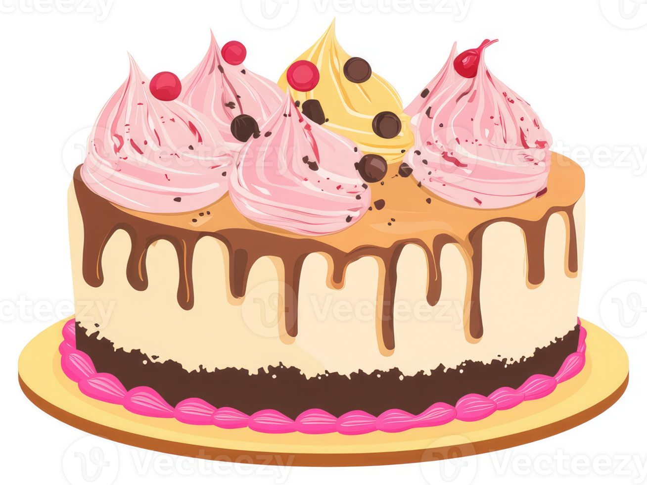 A colorful layered cake decorated with pink frosting, chocolate drizzle, and chocolate chips. png