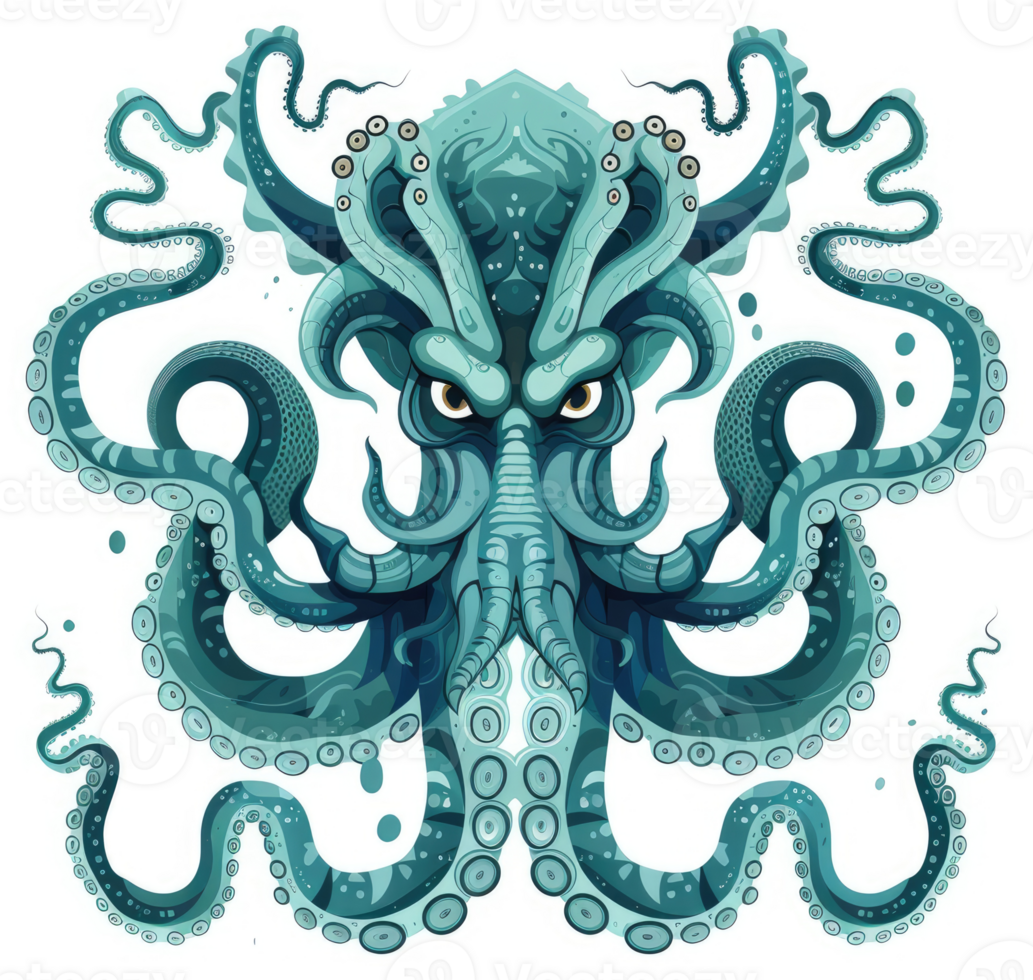 A stylized illustration of a menacing, teal-colored octopus. png