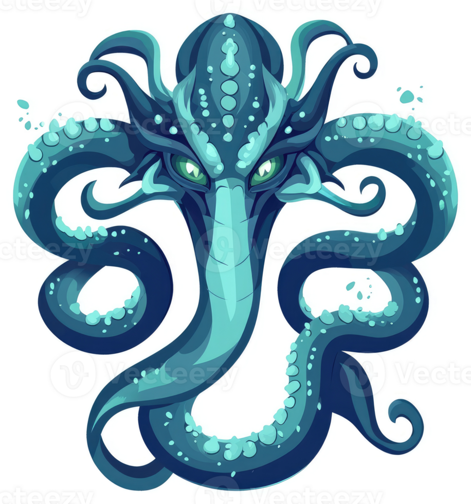 A fantastical, turquoise, serpentine octopus with expressive eyes. png