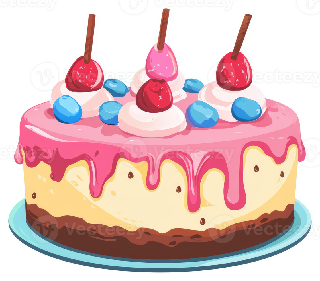 A delightful, drizzled cake decorated with berries and candies. png