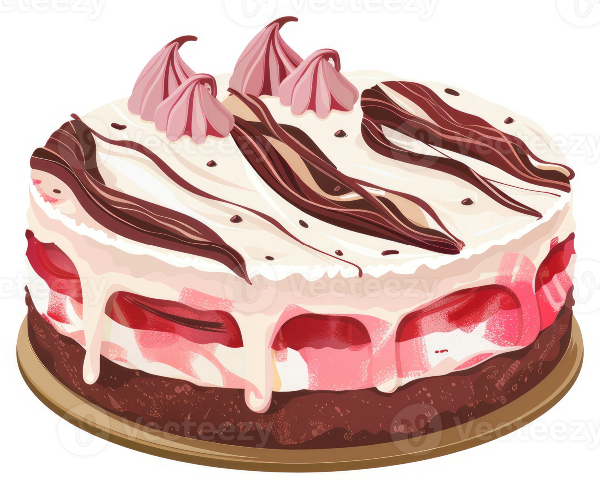 A delightful layered strawberry cake with creamy frosting and chocolate swirls. png