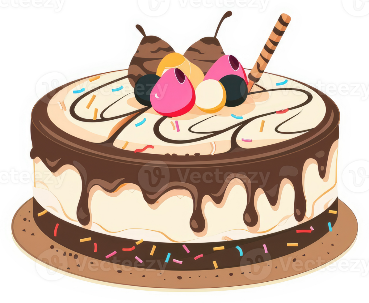 A delectable chocolate cake decorated with colorful candies and drizzled chocolate. png