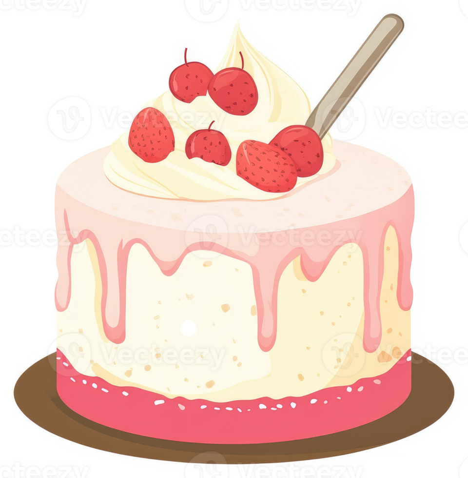 A delectable strawberry cake topped with whipped cream and drizzled with pink icing. png