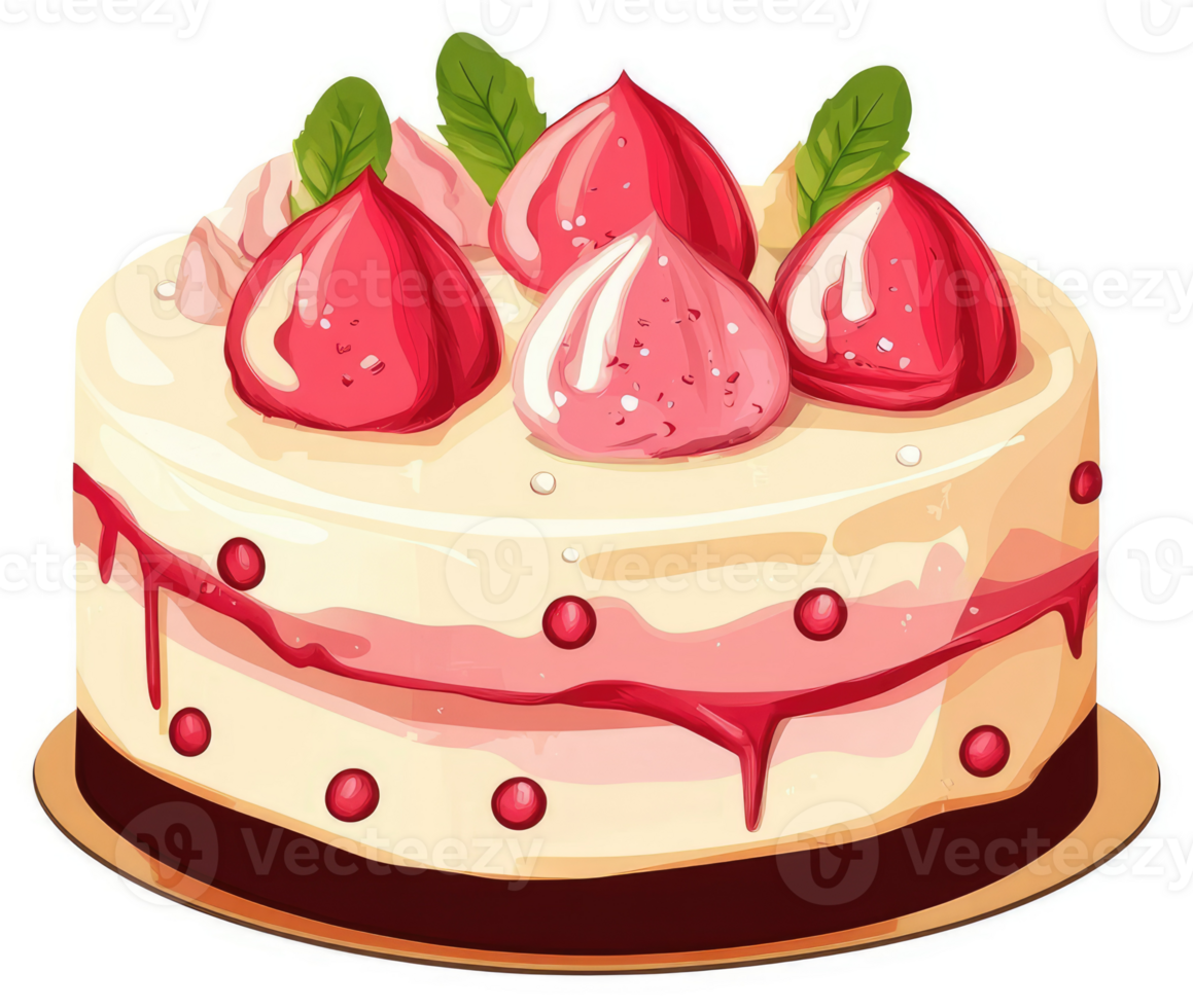 A delightful strawberry cake with creamy frosting and a sweet drizzle. png