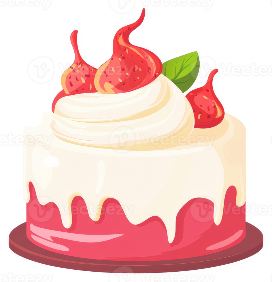 A delicious layered cake adorned with strawberries and whipped cream. png