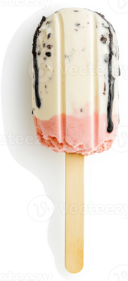 A delicious layered ice cream popsicle with white, pink, and chocolate cookie pieces. png