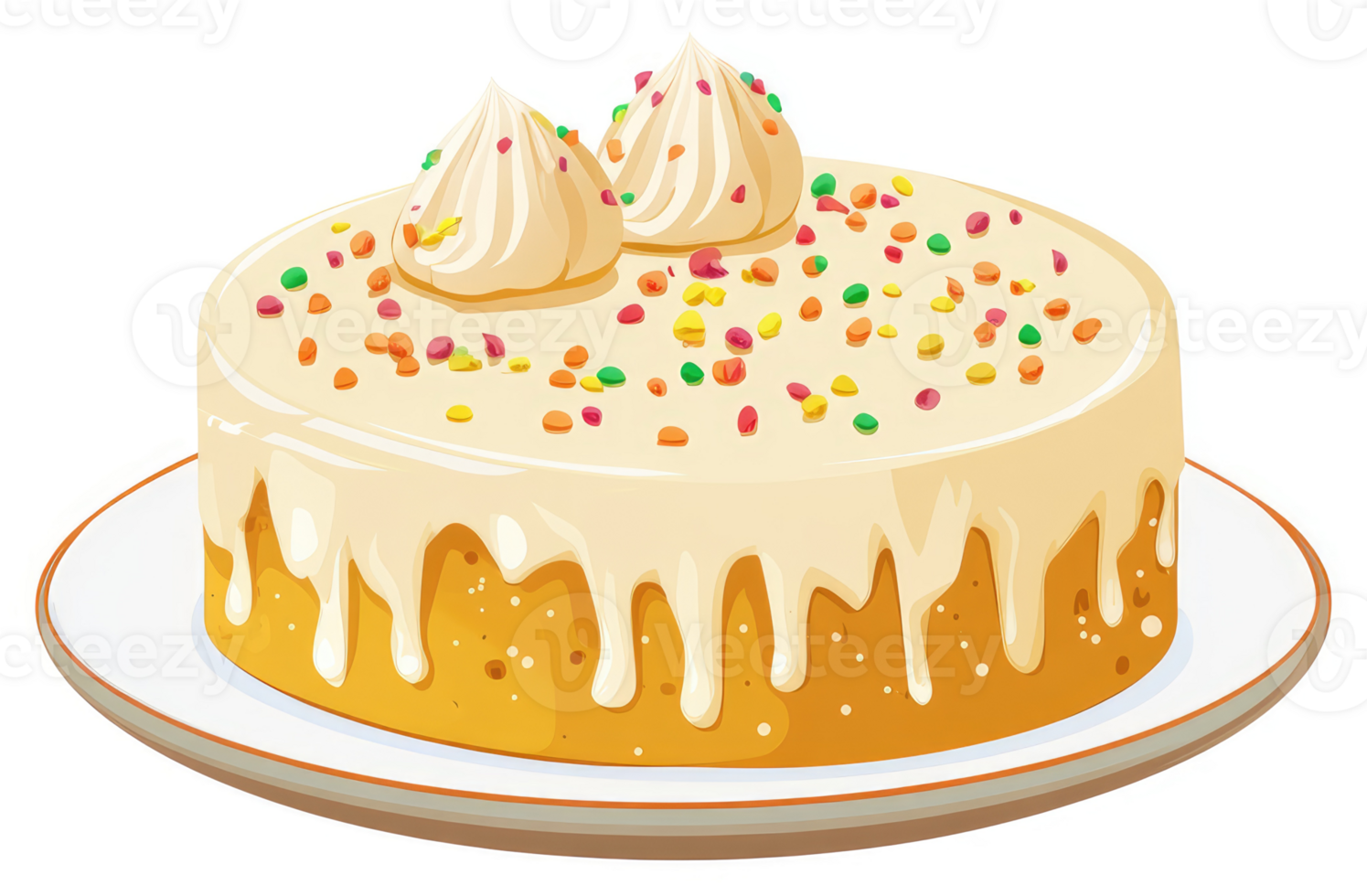 A round cake with white icing and colorful sprinkles. png