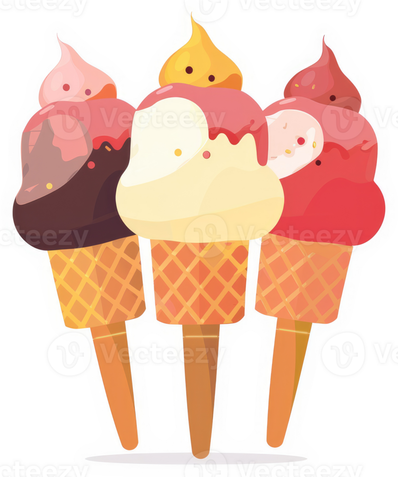 Three colorful ice cream cones with different flavors. png