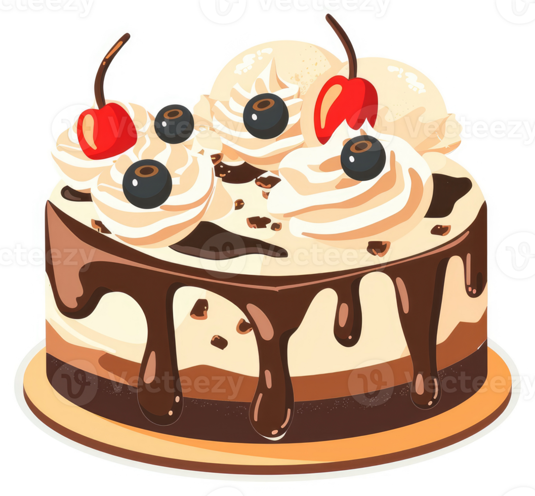 A decadent chocolate and vanilla layered cake decorated with whipped cream, blueberries, and cherries. png