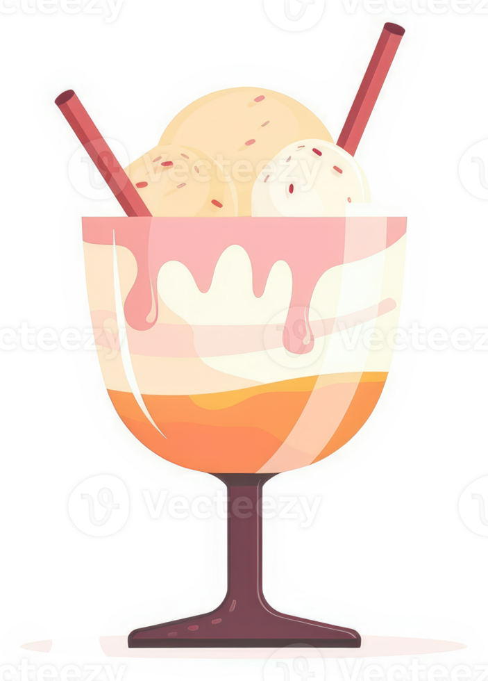 A colorful illustration of a layered ice cream dessert in a glass. png