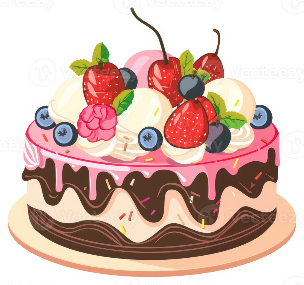 A delicious layered cake adorned with fresh berries and creamy frosting. png