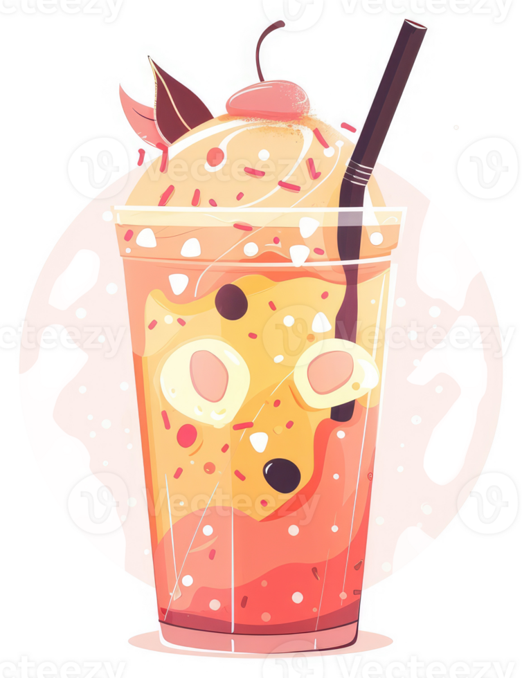 A colorful layered beverage with ice cream and toppings. png