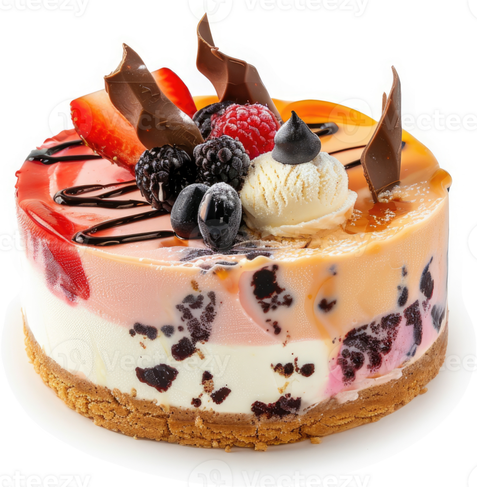 A multi-layered ice cream cake decorated with fresh berries, chocolate shavings, and a scoop of vanilla ice cream. png