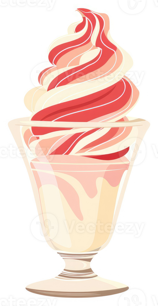 A swirl of creamy, red and white ice cream in a glass dish. png