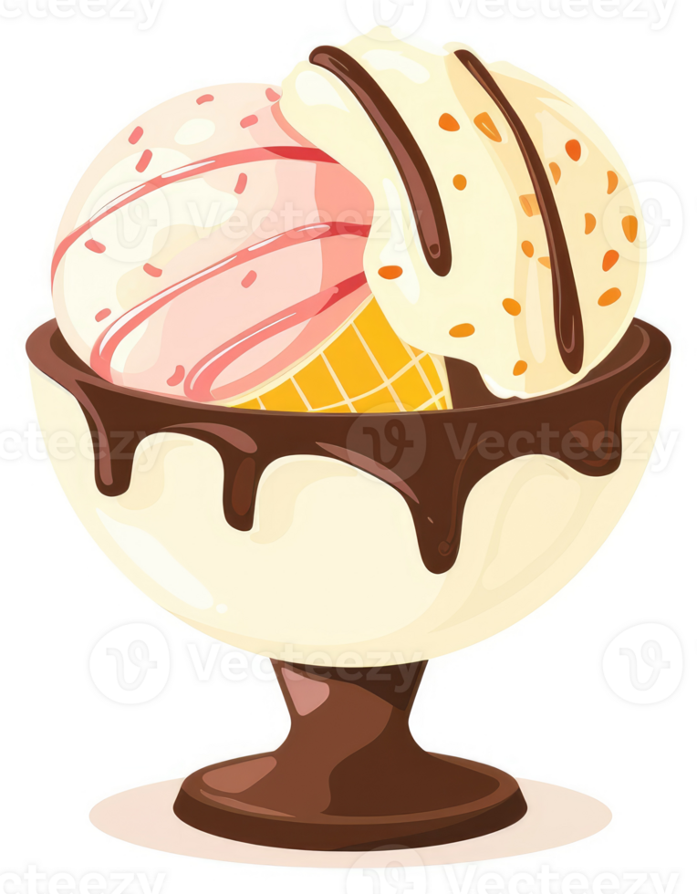 A delicious sundae with pink and vanilla ice cream, drizzled with chocolate. png
