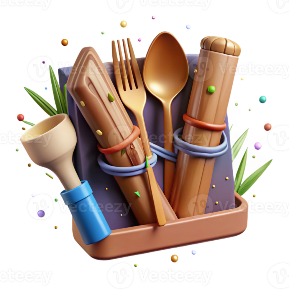 beautiful minimalist Bamboo Cutlery Set Angled View Isolated detailed png