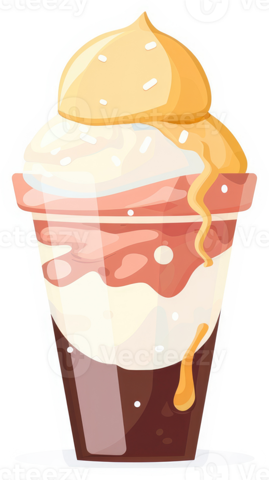A layered ice cream dessert in a glass cup with a sweet topping. png