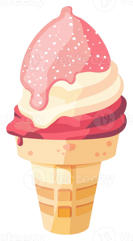 A colorful illustration of a double-scoop ice cream cone with pink topping. png