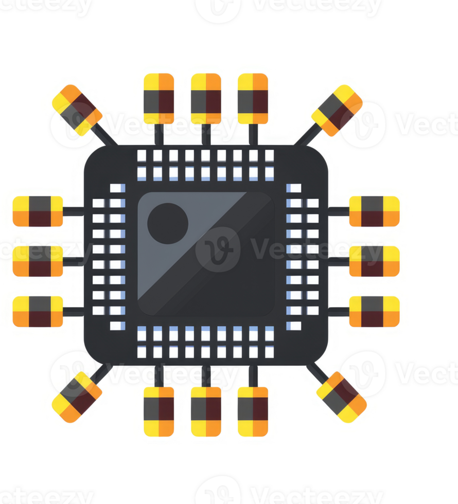 A diagram of a computer microchip with its interconnected components. png