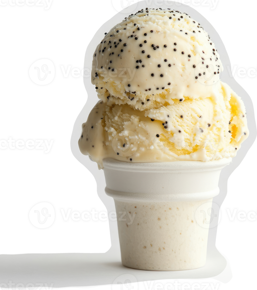 Two scoops of creamy poppy seed ice cream in a paper cone. png