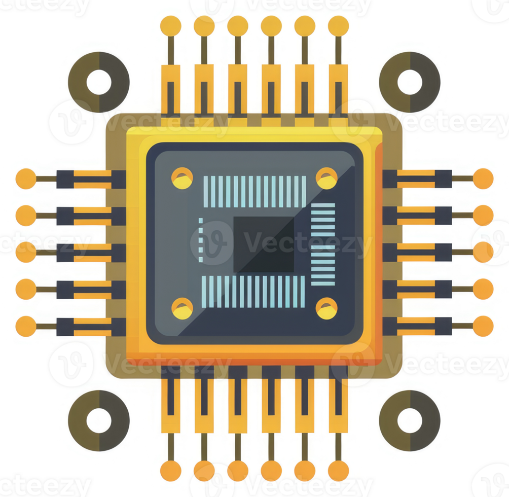 A stylized illustration of a computer chip with multiple pins. png