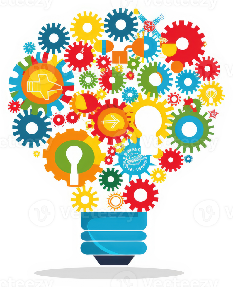 A colorful lightbulb concept showcasing interconnected gears representing innovative ideas. png