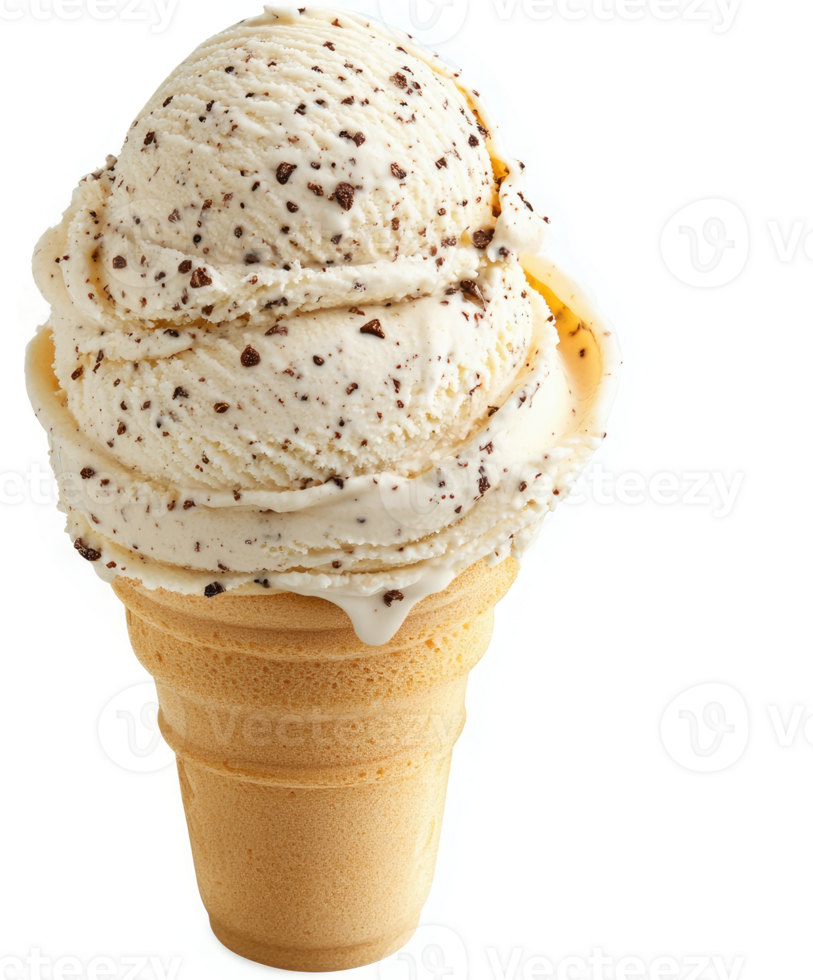 A decadent scoop of vanilla ice cream with chocolate chips, served in a waffle cone. png