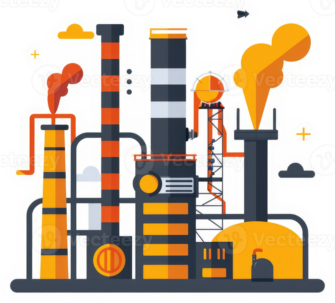 A stylized illustration of a large industrial plant emitting smoke. png