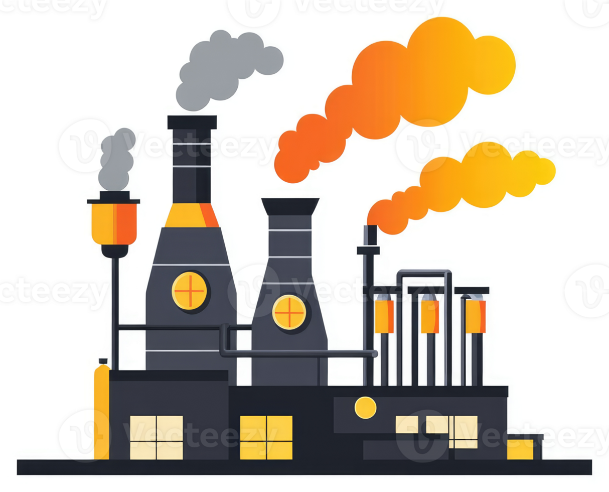 A stylized illustration of a large industrial factory emitting smoke. png