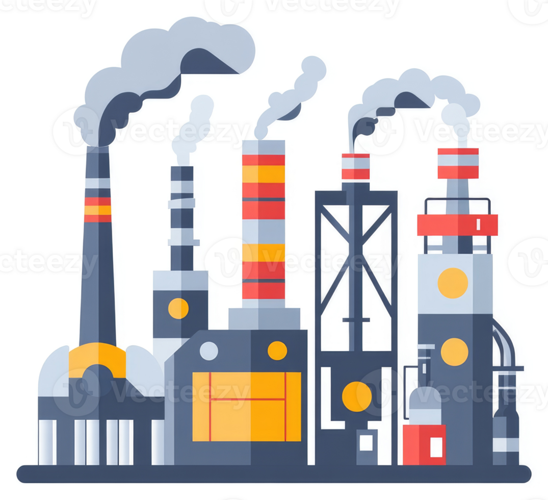 Colorful illustration of a factory complex emitting smoke. png