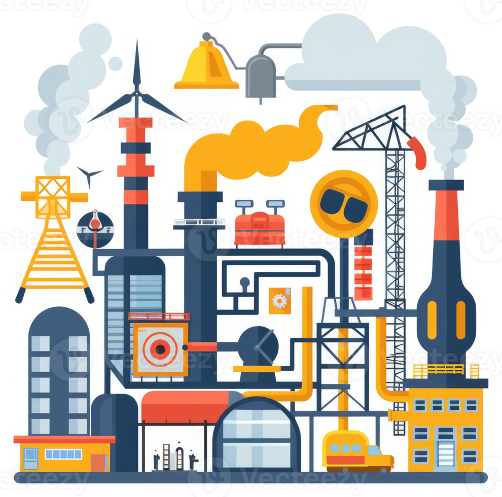 A colorful illustration of a complex industrial factory with various machines and structures. png