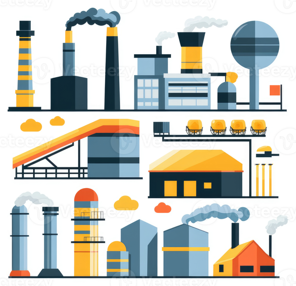 Colorful industrial complex with various factory buildings and equipment. png