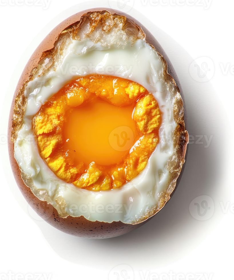 A perfectly cooked, cracked boiled egg with a vibrant yolk. png