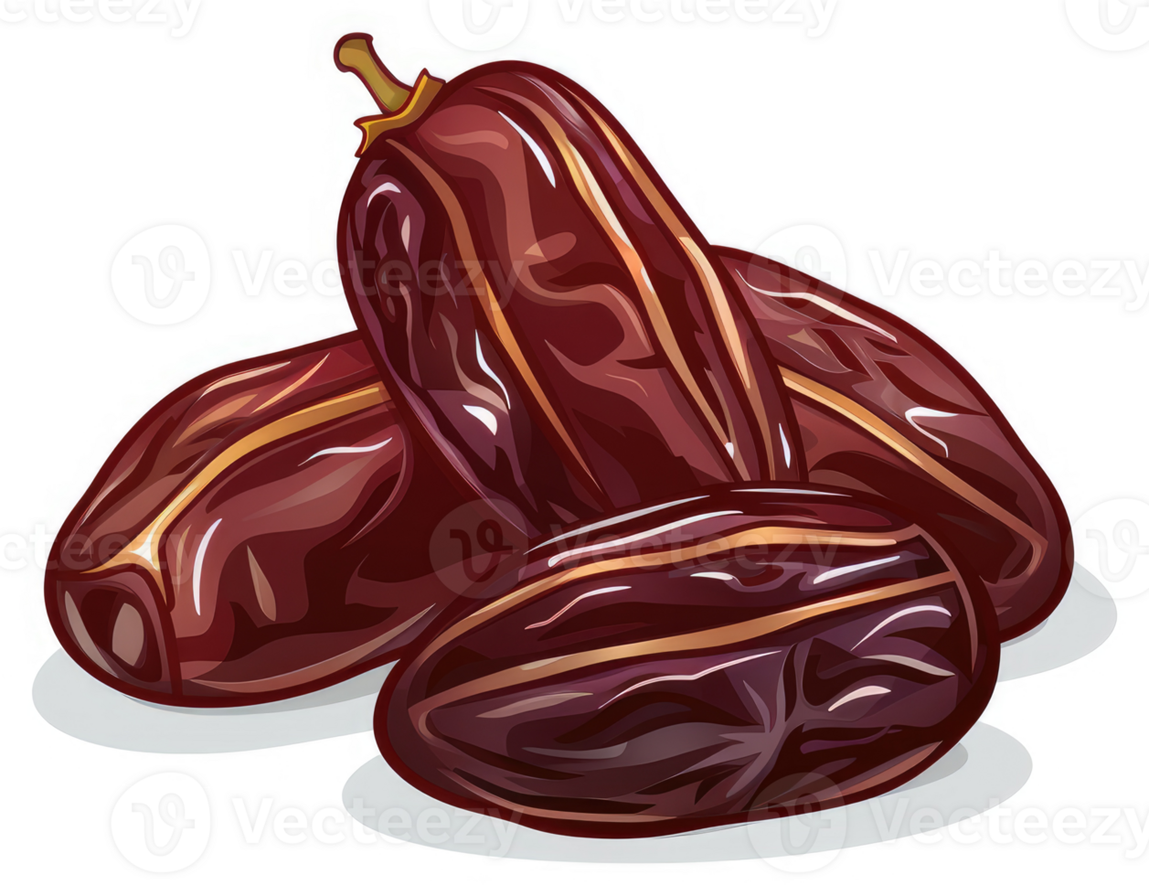 A close-up illustration of three plump, dark dates. png