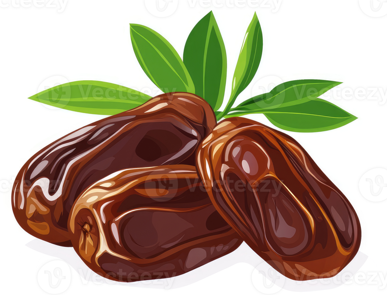 Two dark brown dates with green leaves. png