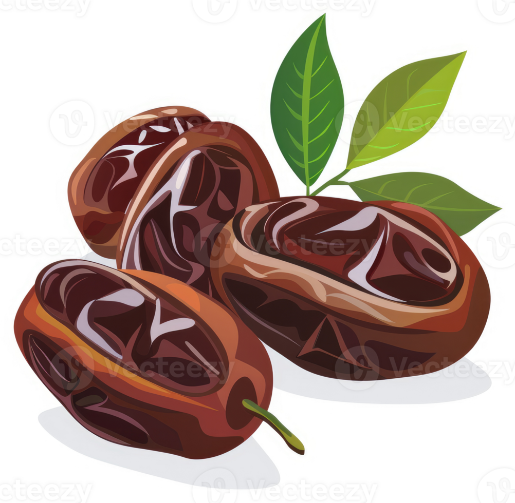 A close-up view of three delicious dates with leaves. png