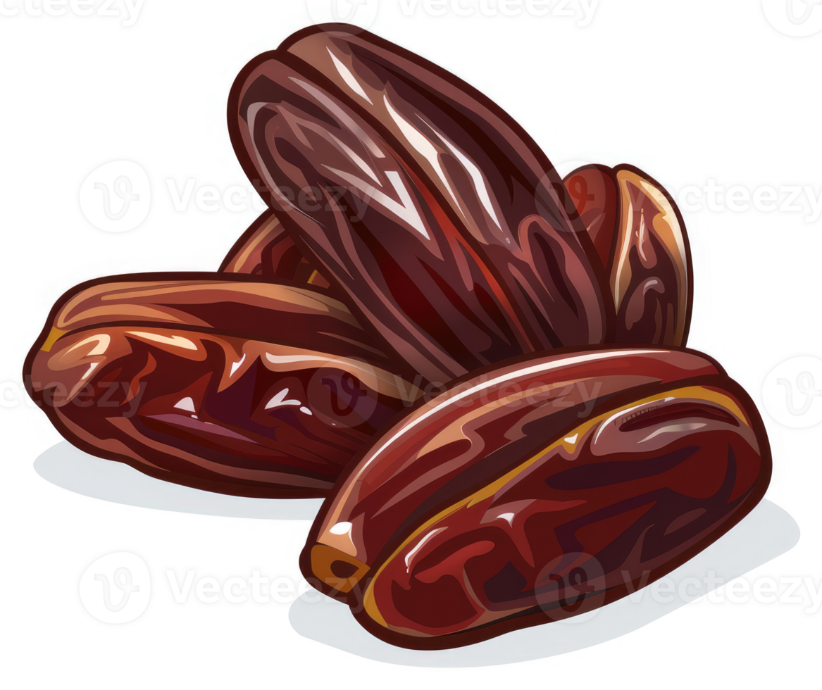 A close-up depiction of several plump, dried dates. png
