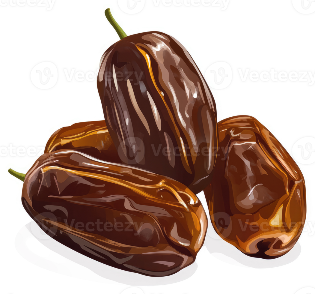 Three plump dates, glistening with a rich, dark brown hue. png