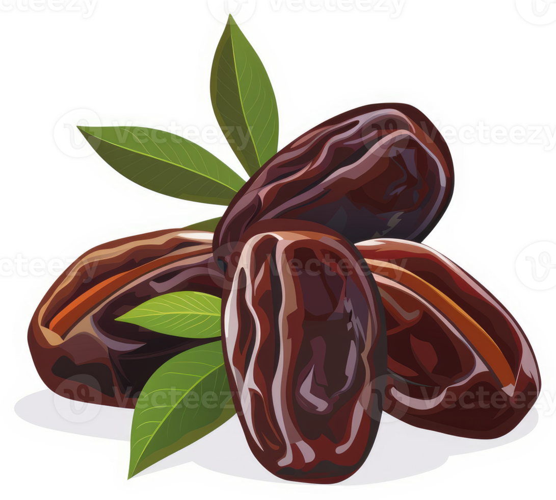 A close-up image of three plump dates with leaves. png