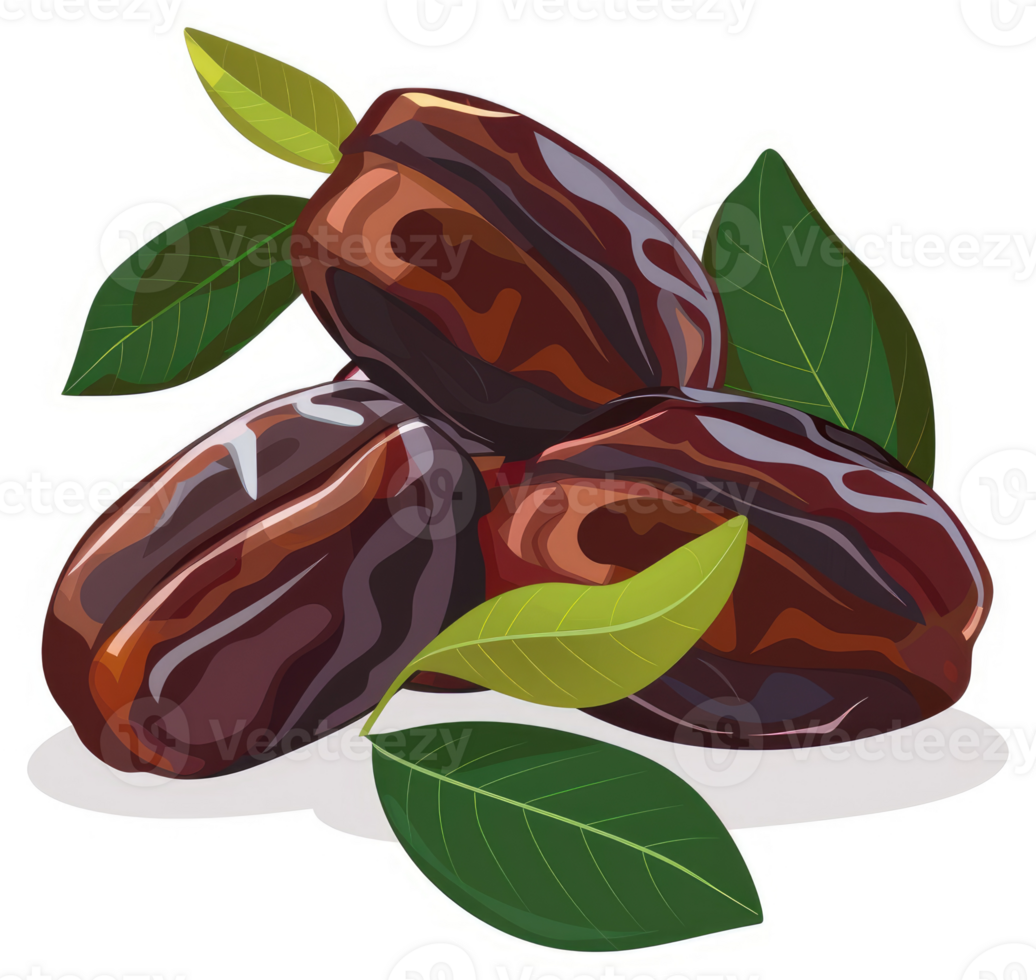 Three plump dates rest atop each other, surrounded by lush green leaves. png