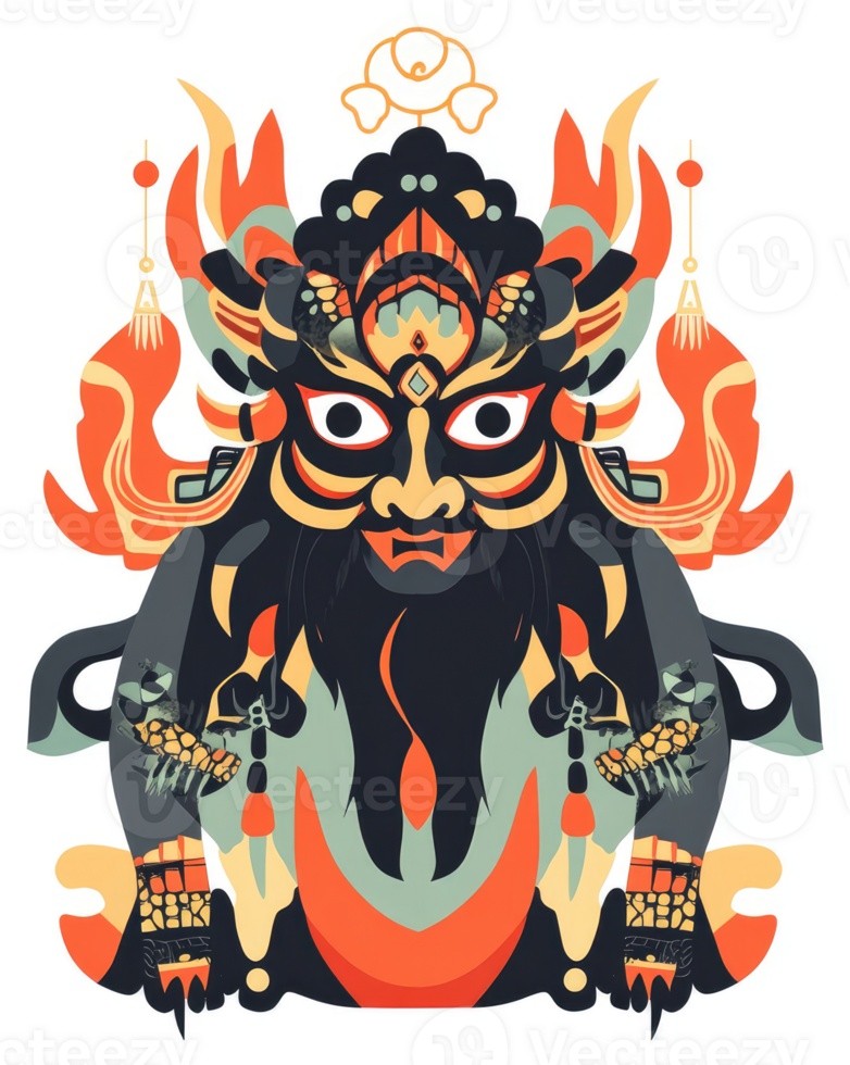 A vibrant stylized depiction of a mythical Asian deity or protector figure. png
