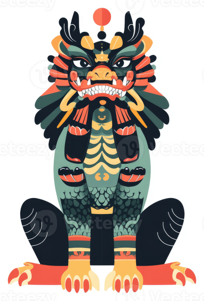 A vibrant stylized illustration of a seated mythical dragon. png