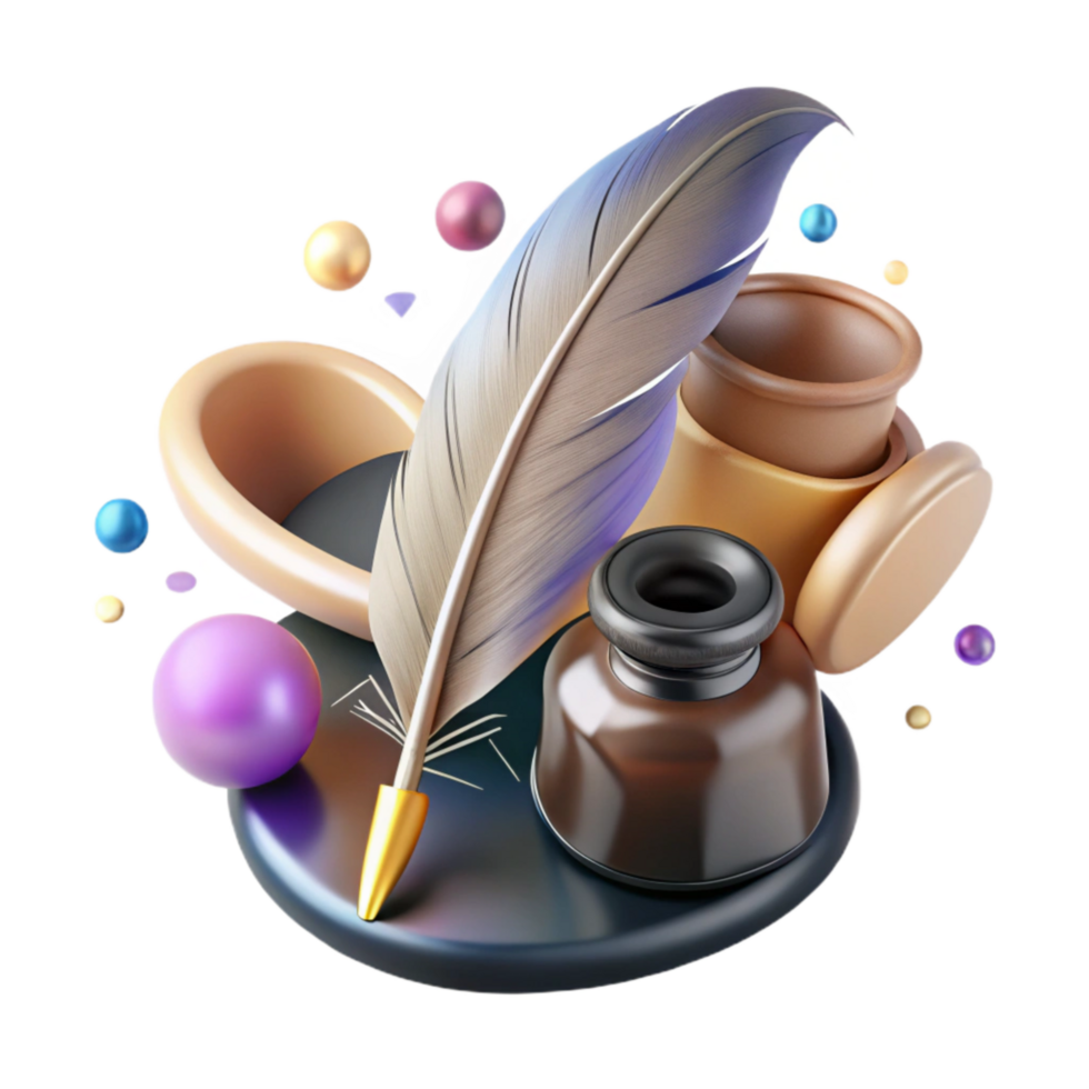 dramatic classic Feather Quill Pen and Inkwell Cutout Transparent Background png